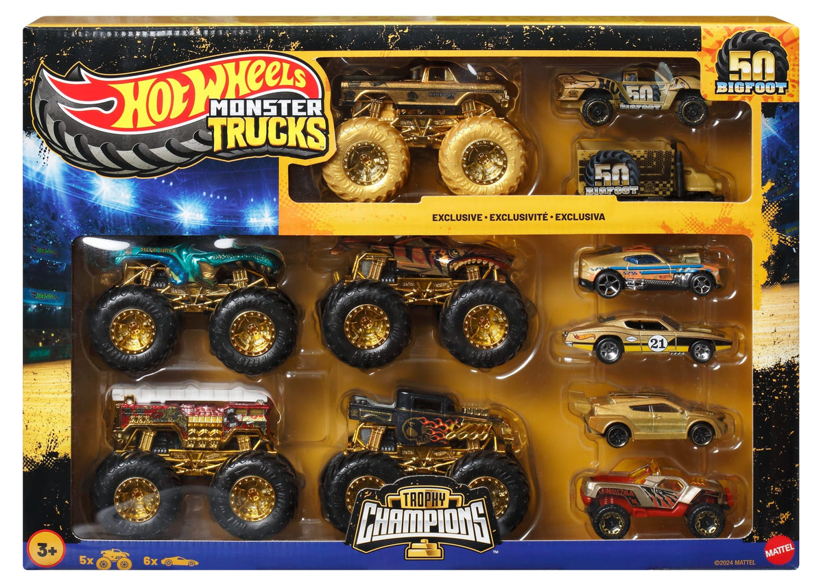 Hot Wheels Monster Trucks Trophy Champions Collection, 5 1:64 Scale Toy Trucks & 6 Die-Cast Cars
