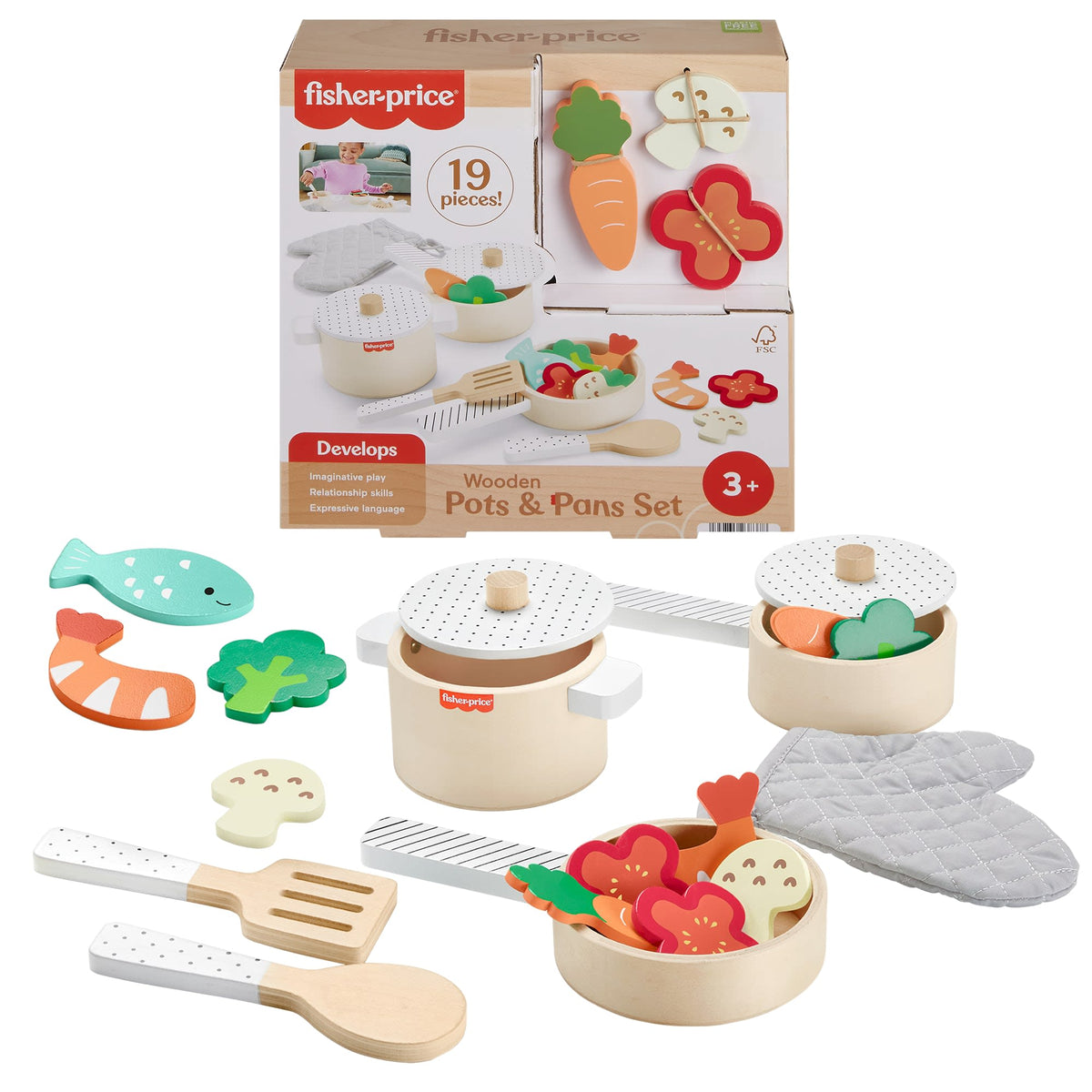 Fisher-Price Wooden Pots & Pans Set For Preschool Kitchen Pretend Play, 19 Wood Pieces