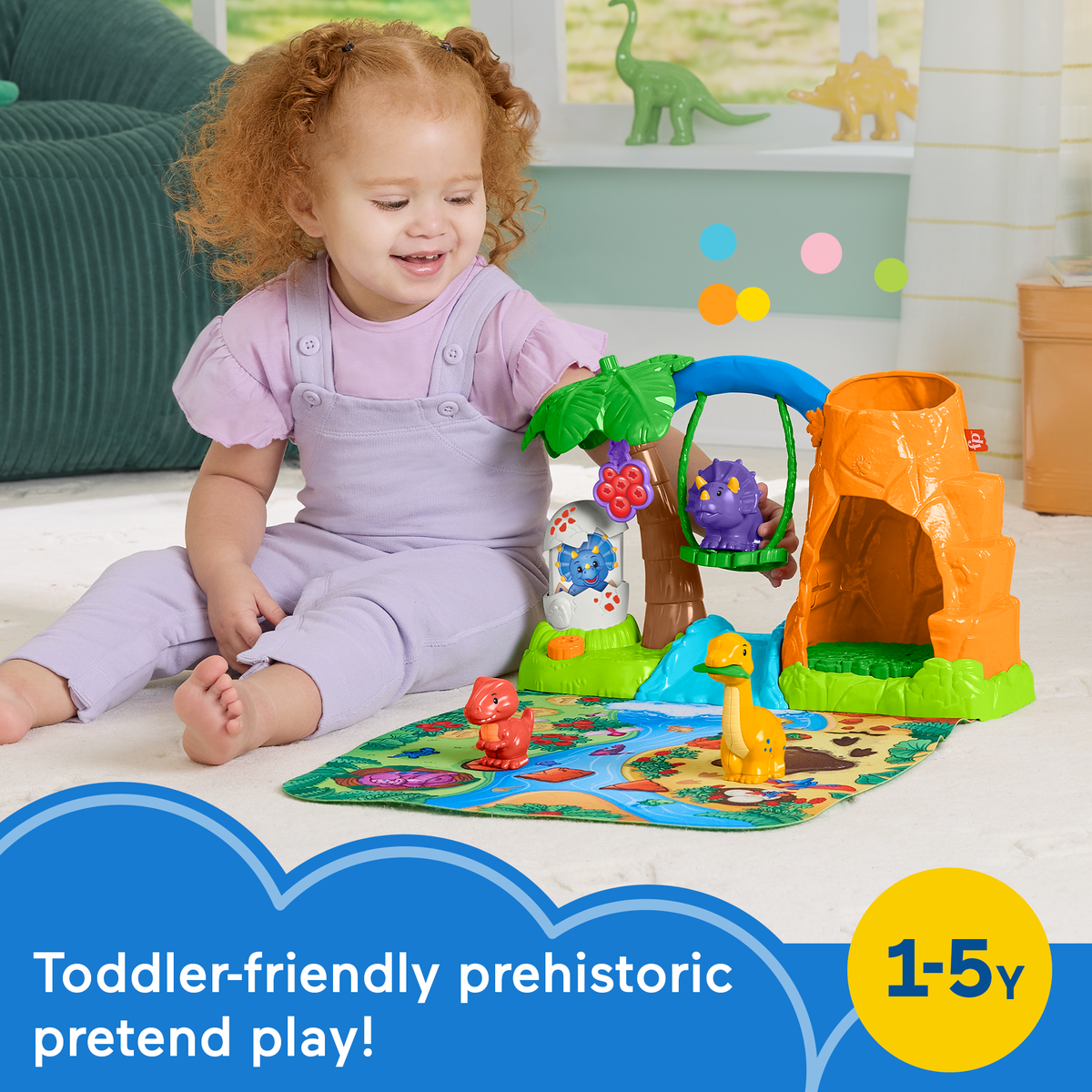 Fisher-Price Little People Dinosaur Village & Play Mat Toddler Playset, 3 Toy Figures