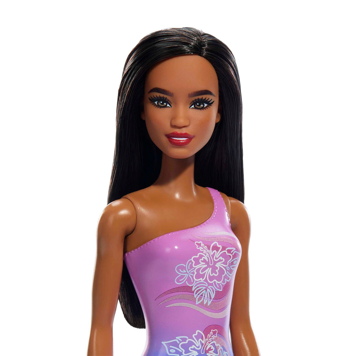 Beach Barbie Doll With Dark Brown Hair Wearing Tropical Purple Swimsuit